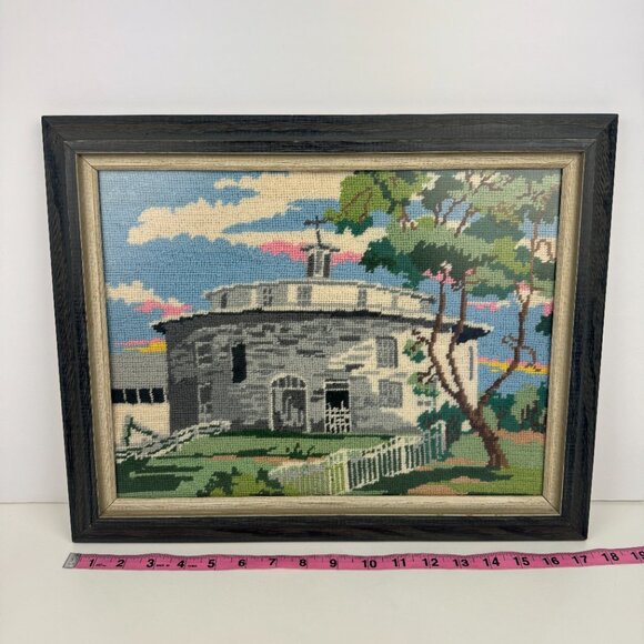 Vtg Wall Framed Needlepoint Art Work Craft Completed Church Building Tree Sky - Picture 5 of 11